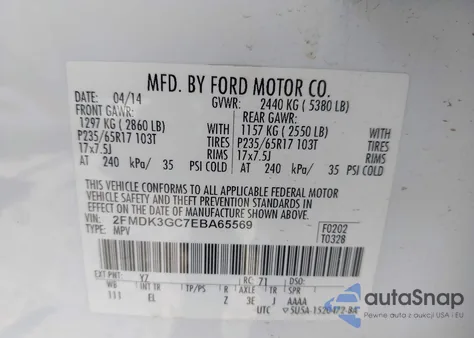 2014 Ford Edge Se из США, поврежденный, VIN 2FMDK3GC7EBA65569